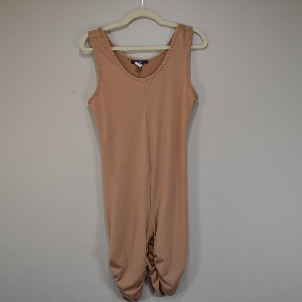 Myth Womens L Tank Top Stretch Sleeveless Tan Full Length Ruched Yoga Bodysuit